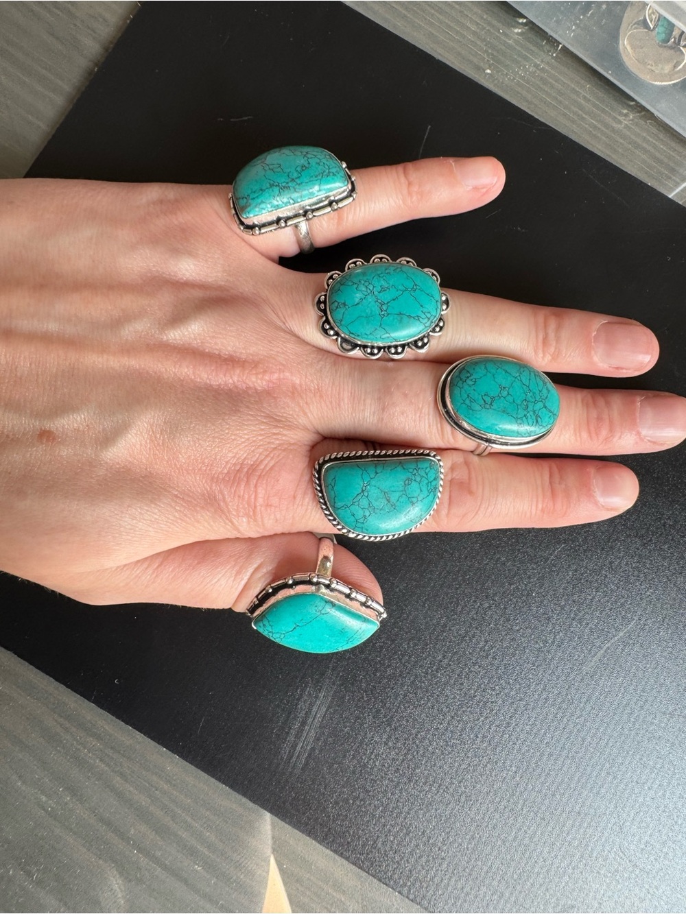 Reseller Bundle. 5- .925 stamped rings, 5-.925 turquoise colored pendants - Picture 9 of 9